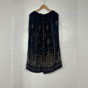 Draw String Silver Sequined Black Maxi Skirt